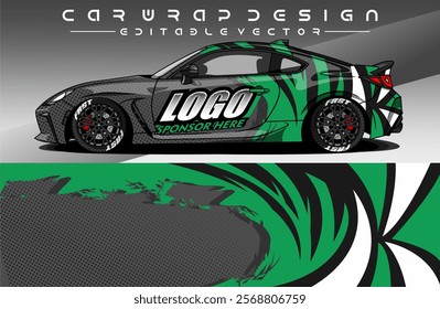 Illustration vector grahic of Car wrap decal with abstract design. Black green colour. Livery car editable. Mockup template sticker vinyl for racing, rally, or daily use.