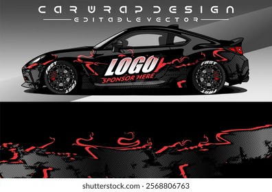 Illustration vector grahic of Car wrap decal with abstract design. Black ed colour. Livery car editable. Mockup template sticker vinyl for racing, rally, or daily use.