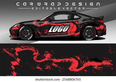 Illustration vector grahic of Car wrap decal with abstract design. Black ed colour. Livery car editable. Mockup template sticker vinyl for racing, rally, or daily use.