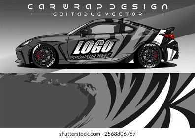 Illustration vector grahic of Car wrap decal with abstract design. Black white colour. Livery car editable. Mockup template sticker vinyl for racing, rally, or daily use.