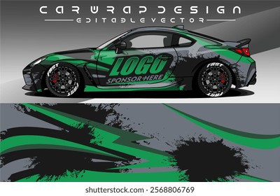 Illustration vector grahic of Car wrap decal with abstract design. Black green colour. Livery car editable. Mockup template sticker vinyl for racing, rally, or daily use.