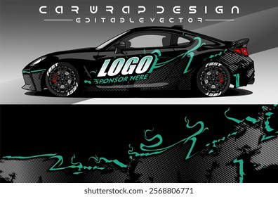 Illustration vector grahic of Car wrap decal with abstract design. Black green colour. Livery car editable. Mockup template sticker vinyl for racing, rally, or daily use.