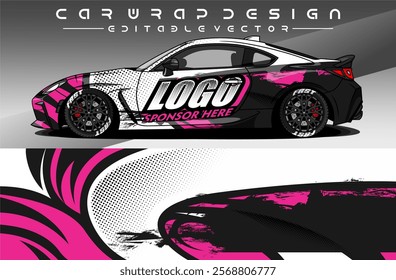 Illustration vector grahic of Car wrap decal with abstract design. Black Pink White colour. Livery car editable. Mockup template sticker vinyl for racing, rally, or daily use.