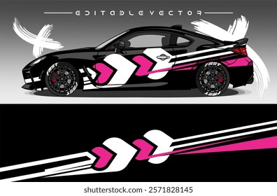 Illustration vector grahic of Car wrap decal with abstract design. Black white pink colour. Livery car editable. Mockup template sticker vinyl for racing, rally, or daily use.