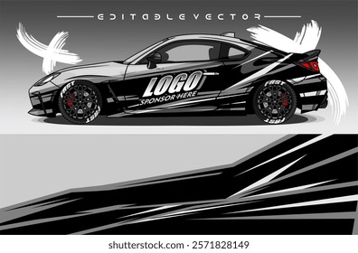 Illustration vector grahic of Car wrap decal with abstract design. Black white colour. Livery car editable. Mockup template sticker vinyl for racing, rally, or daily use.