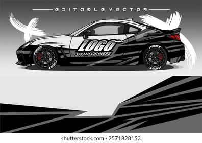 Illustration vector grahic of Car wrap decal with abstract design. Black white colour. Livery car editable. Mockup template sticker vinyl for racing, rally, or daily use.