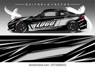 Illustration vector grahic of Car wrap decal with abstract design. Black white colour. Livery car editable. Mockup template sticker vinyl for racing, rally, or daily use.