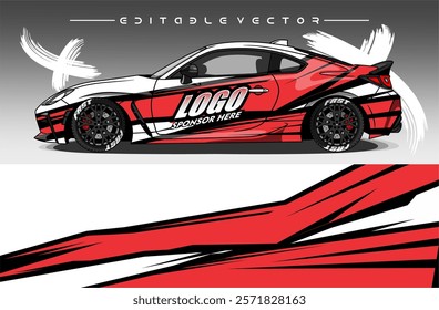 Illustration vector grahic of Car wrap decal with abstract design.Black red  colour. Livery car editable. Mockup template sticker vinyl for racing, rally, or daily use.