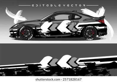 Illustration vector grahic of Car wrap decal with abstract design. Black white colour. Livery car editable. Mockup template sticker vinyl for racing, rally, or daily use.