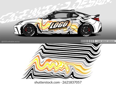 Illustration vector grahic of Car wrap decal with abstract design. White, black, yellow colour. Livery car editable. Mockup template sticker vinyl for racing, rally, drift or daily use