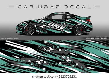 Illustration vector grahic of car wrap decal with abstract design. Black green colour. Livery car editable. Mockup template sticker vinyl for racing, rally, or daily use