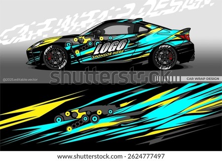 Illustration vector grahic of Car wrap decal with abstract design. Black blue yellow colour. Livery car editable. Mockup template sticker vinyl for racing, rally, or daily use.	
