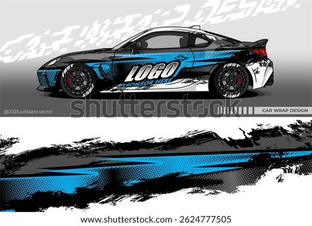 Illustration vector grahic of Car wrap decal with abstract design. Black blue white colour. Livery car editable. Mockup template sticker vinyl for racing, rally, or daily use.	
