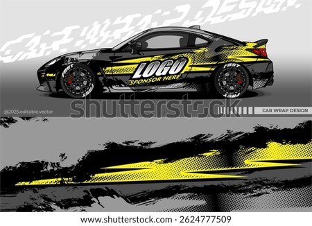 Illustration vector grahic of Car wrap decal with abstract design. Black yellow colour. Livery car editable. Mockup template sticker vinyl for racing, rally, or daily use.	
