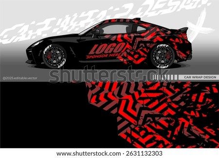 Illustration vector grahic of Car wrap decal with abstract geometry design.Black, red colour. Livery car editable. Mockup template sticker vinyl for racing, drift, rally, or daily use