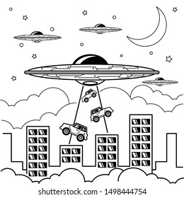 Illustration Vector Grahic Coloring Book of Giant UFO Steals Cars