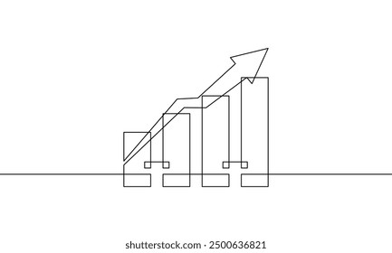 Illustration vector of graph. Continuous line drawing of increasing arrow up with bar chart. Single line art of business growth. Object one line of flat icon sign symbol