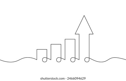 Illustration vector of graph. Continuous one line drawing of arrow up. Single line art of bar chart. Flat icon of increasing arrow. Business growth