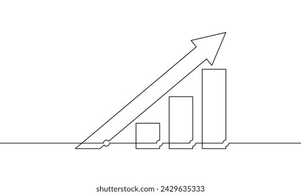 Illustration vector of graph. Flat icon of arrow up. Continuous one line drawing of bar chart. Single line art of increasing arrow. Business growth