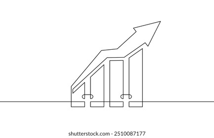 Illustration vector of graph with increasing arrow up. Continuous one line drawing of business growth icon. Single line art of bar chart