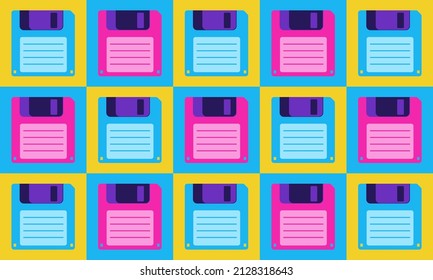 Illustration Vector Graphic of 90s Nostalgia Floppy Disk Pattern Background. Suitable for multipurpose graphic asset.