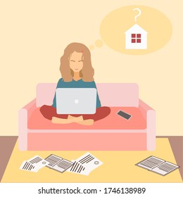 Illustration vector graphic about the activity of a woman while studiying at home, using a laptop and sat on the pink sofa.