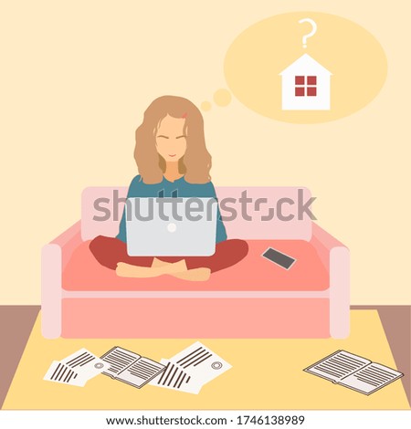 Illustration vector graphic about the activity of a woman while studiying at home, using a laptop and sat on the pink sofa.
