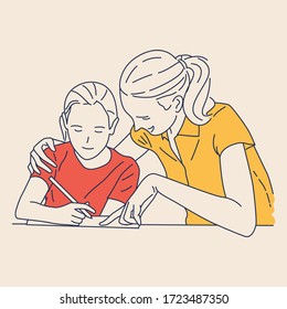 illustration vector graphic about mother and child learn together.