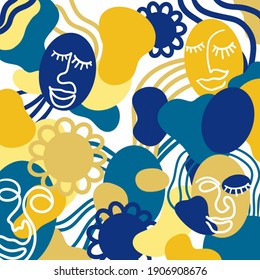 illustration vector graphic of abstract art - abstraction of lines and shapes, with portraits of women faces
in yellow and blue.