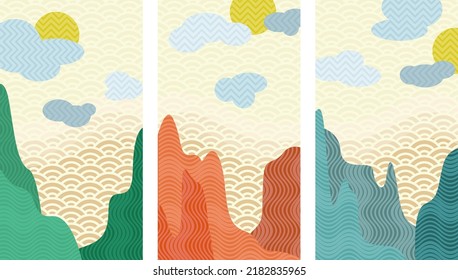 Illustration vector graphic of abstract cliff and sky with curve geometric line. Japan art style poster with different color tone and fish scales. Good for wallpaper or background.