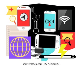 Illustration vector graphic of An abstract composition of smartphones is surrounded by different graphic elements, each symbolizing online productivity and information. productivity 