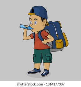 Illustration vector graphic of adventurer were drinking bottled water.  great for explorers in expressing their thirsty state.
