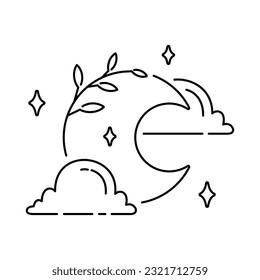Illustration Vector Graphic of Aesthetic Moon Line Icon with Leaf and Clouds. Good for Beauty Products, Health, Greeting Cards.