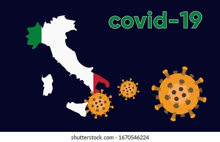 Illustration vector graphic of Alert corona virus outbreak with Italy map in the background. Map of Italy with deadly corona virus. Dangerous chinese ncov corona virus. Vector illustration EPS10. 