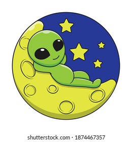 Illustration vector graphic of alien cartoon lying on a crescent moon. Flat cartoon style suitable for web landing page, banner, flyer, sticker, card, children books and etc.