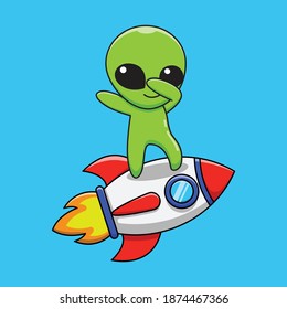 Illustration vector graphic of alien cartoon is riding on a rocket. Flat cartoon style suitable for web landing page, banner, flyer, sticker, card, children books and etc.