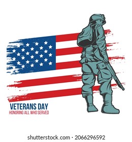 Illustration Vector Graphic of American veterans with America's National Flag background and text veterans day honoring all who served perfect for card and banner