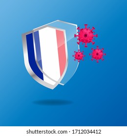 Illustration vector graphic of antibacterial or anti-virus shield with French flag. Healthy shield reflect bacteria or virus attack. Shield protection. Healthcare concept.
