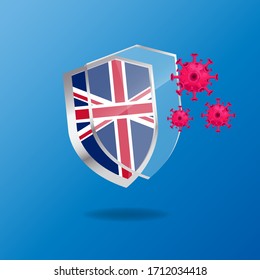 Illustration vector graphic of antibacterial or anti-virus shield with the flag of United Kingdom. Healthy shield reflect bacteria or virus attack. Shield protection. Healthcare concept.