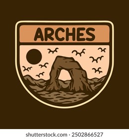 Gráfico del Vector de la ilustración de la ILUSTRACIÓN VECTORIAL del DISEÑO DEL LOGOTIPO DE LA INSIGNIA DEL PARQUE NACIONAL DE ARCHES para la Mercancía del diseño de la ropa, tales como logotipos en el empaquetado del producto