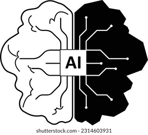 Illustration, Vektorgrafik künstlicher Intelligenz mit Gehirnen und Chips und schwarz-weißem Netz. einfaches, flaches Design. geeignet für Anwendungen, Vorlagenpräsentationen usw. Vorlagendesign
