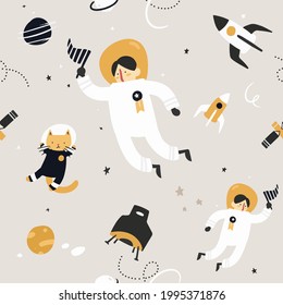 Illustration Vektorgrafik von Astronauten und Katzen Abenteuer zum Weltraum , perfekt für Stoff- oder Objektmuster, Hintergrund etc.