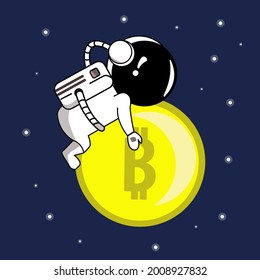 Illustration vector graphic of astronaut hugging coins cryptocurrency. Perfect for wallpaper hd, background, screen printing,book, kids