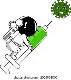 Illustration vector graphic of astronaut hugs vaccine syringe to prevent virus. Perfect for wallpaper hd, background hd, kids, book, heath