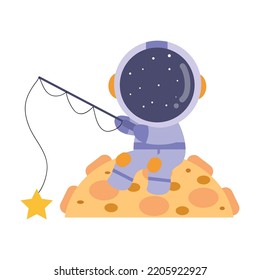 illustration vector graphic astronaut kid the galaxy exploler fishing star.  Cute happy cartoon children character in spacesuit with special helmet.