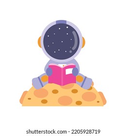 illustration vector graphic  astronaut kid the galaxy exploler reading a book.  Cute happy cartoon children character in spacesuit with special helmet.