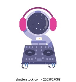 Illustration Vector Graphic Astronaut Kid The Galaxy Exploler Becoming Disc Jockey. Cute Happy Cartoon Children Character In Spacesuit With Special Helmet.