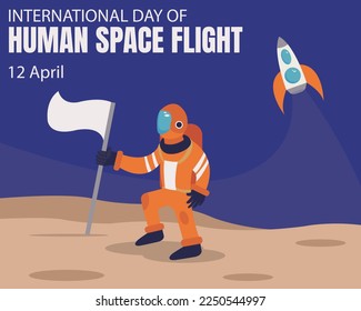 illustration vector graphic of an astronaut is planting a flag on the moon, showing rocket take off, perfect for international day, human space flight, celebrate, greeting card, etc.