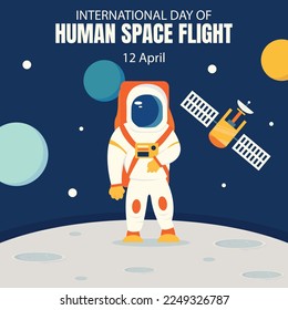 ilustración vectorial de un astronauta parado en la luna, mostrando satélites y planetas transmisores, perfecto para el día internacional, vuelo espacial humano, celebración, tarjeta de saludo, etc.