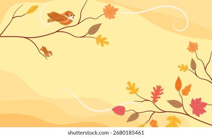 Illustration Vektorgrafik des Herbsthintergrundes mit Zweigen, bunten Herbstblättern und Vögeln, perfekt für saisonale Grußkarten, Poster, Einladungen und dekorative Banner.